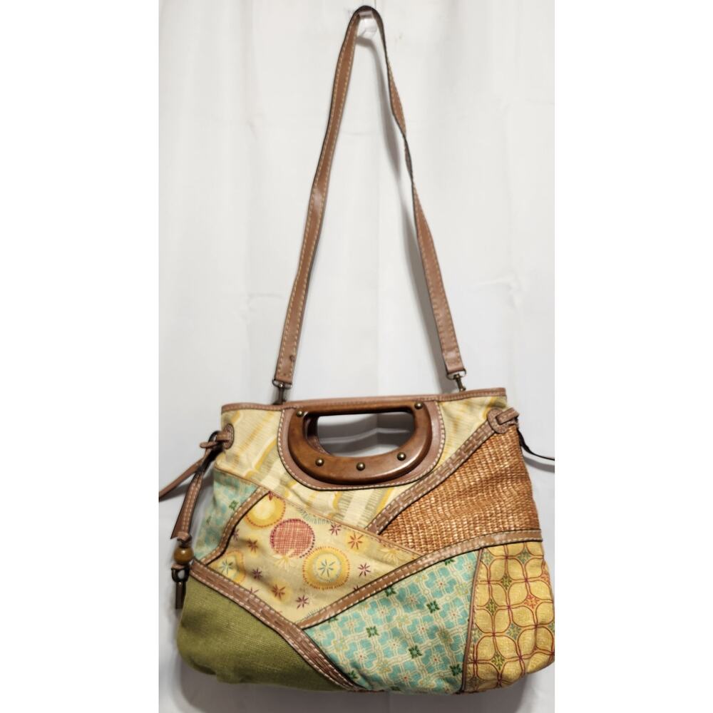 FOSSIL Patchwork Canvas Fabric Handbag Shoulder Strap Wood Handle